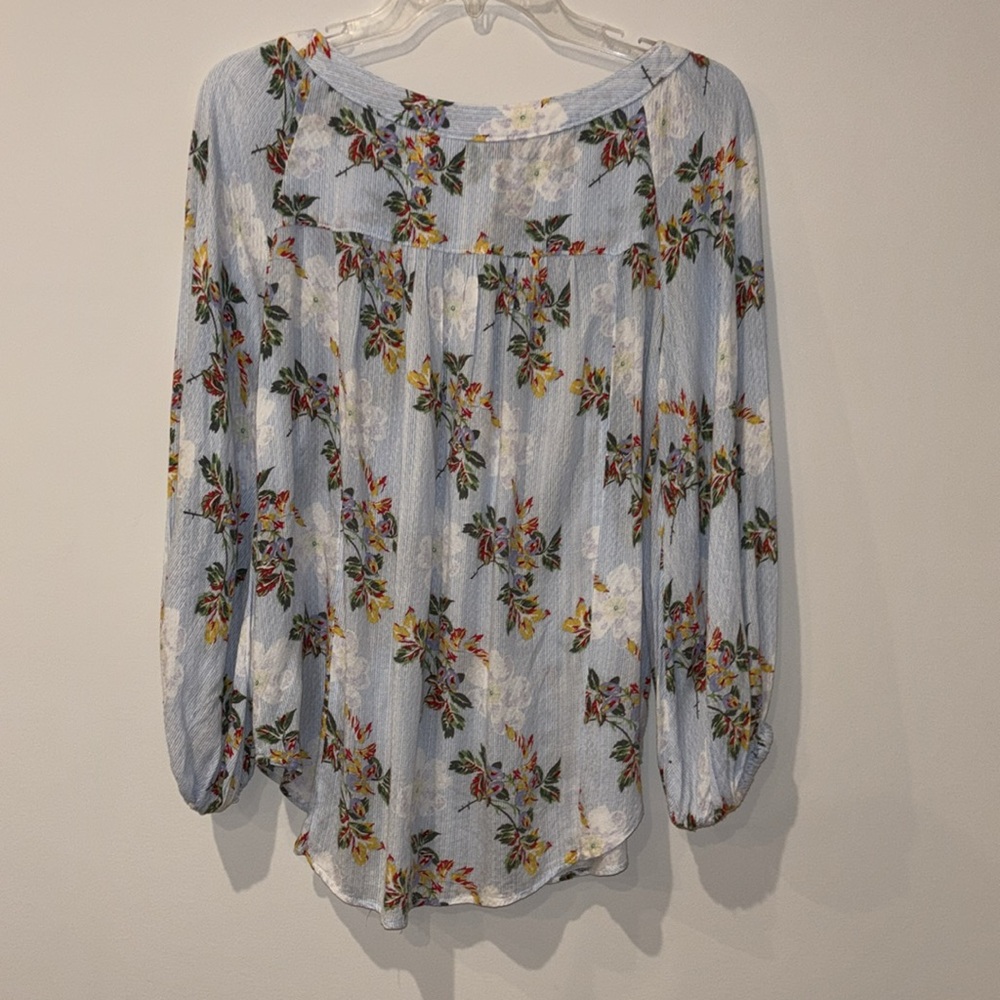 Maeve Anthropologie Boswell Blue Striped Floral Boho Peasant Flowy Blouse Size 8 - Picture 2 of 5